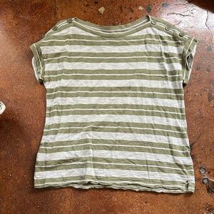 Green and white striped tee with button detail at shoulders 60% Cotton 40% modal